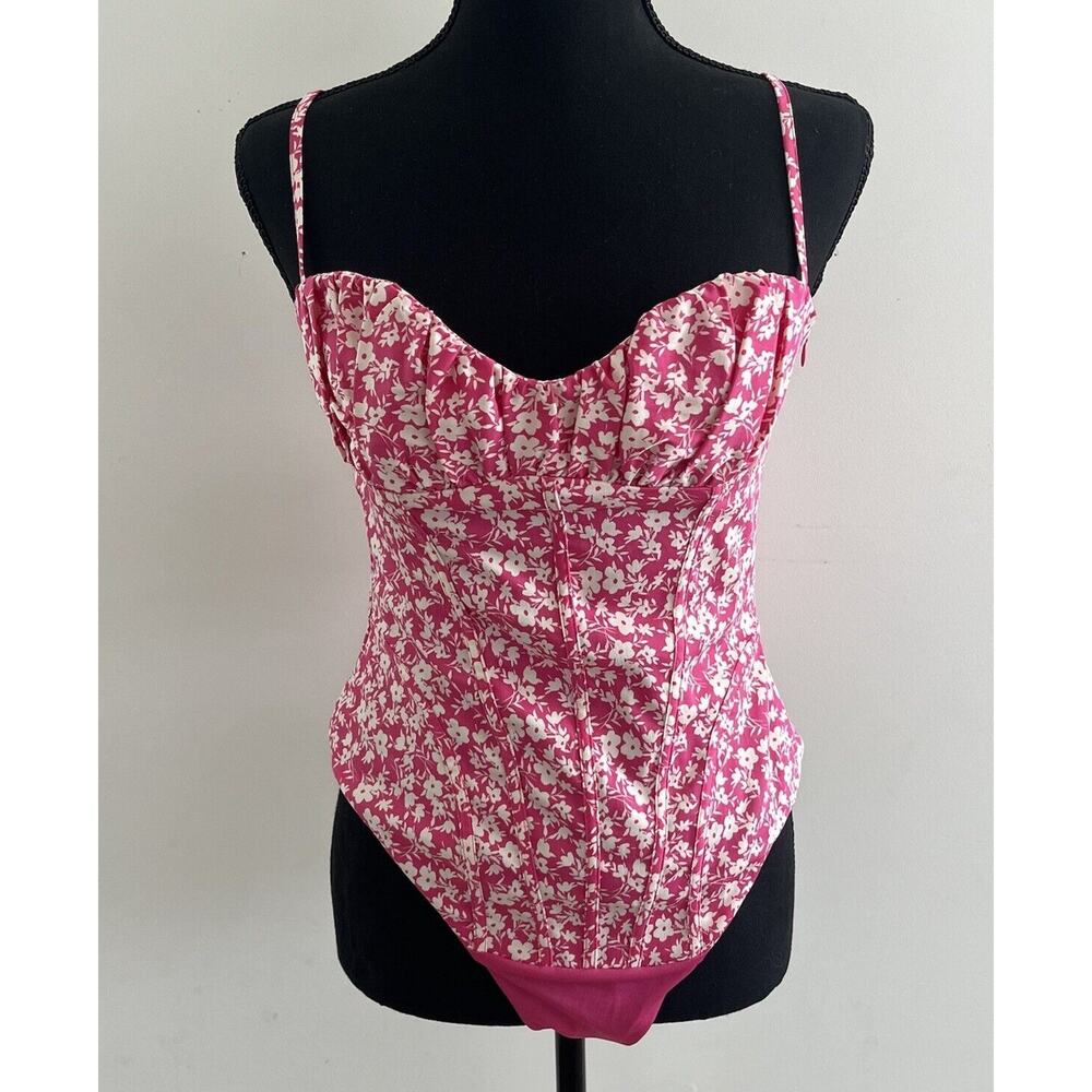 ZARA Pink & White Floral Corset Bodysuit Tank Top Women's Size M Ditsy floral‎